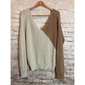 Elan Sweater Women Large Lagenlook Chunky Knit Brown & Tan Colorblock Twist Back